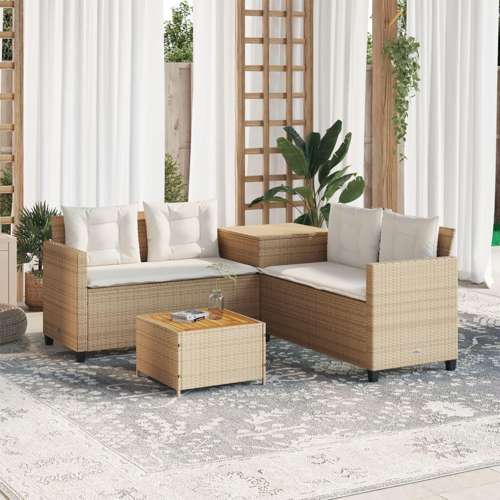 Havesofa med bord og hynder L-formet polyrattan beige