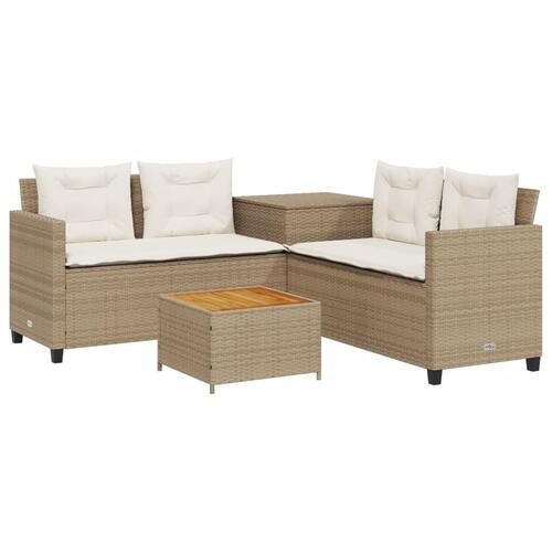 Havesofa med bord og hynder L-formet polyrattan beige