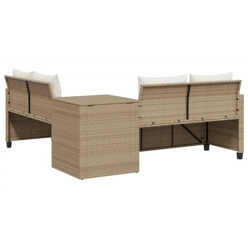Havesofa med bord og hynder L-formet polyrattan beige