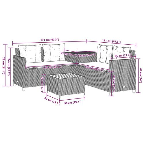 Havesofa med bord og hynder L-formet polyrattan beige