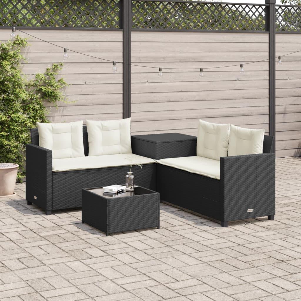 Havesofa Med Bord Og Hynder L-Formet Polyrattan - Sort og cremefarvet / Glas