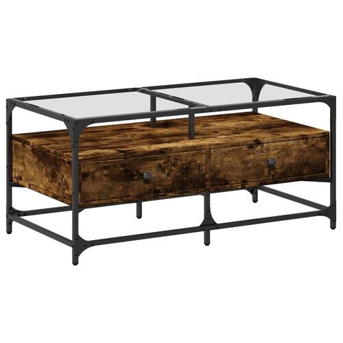 Sofabord med glasplade 98,5x50x45 cm røget egetræsfarve