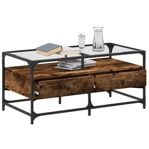 Sofabord med glasplade 98,5x50x45 cm røget egetræsfarve