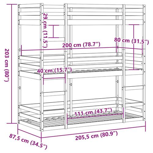 Tredobbelt køjeseng 80x200 cm massivt fyrretræ hvid