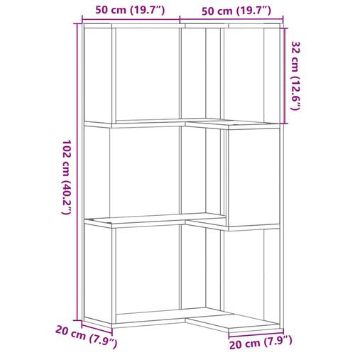Bogreol til hjørne 50x50x102 cm 3 hylder konstrueret træ