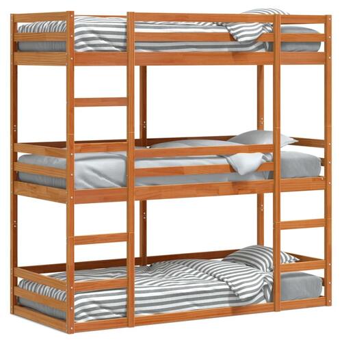 Tredobbelt køjeseng 75x190 cm massivt fyrretræ voksbrun