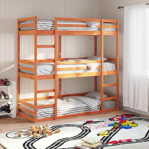 Tredobbelt køjeseng 75x190 cm massivt fyrretræ voksbrun