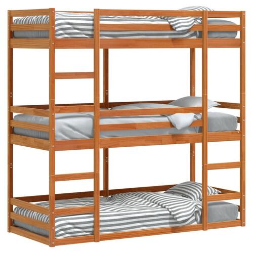 Tredobbelt køjeseng 75x190 cm massivt fyrretræ voksbrun