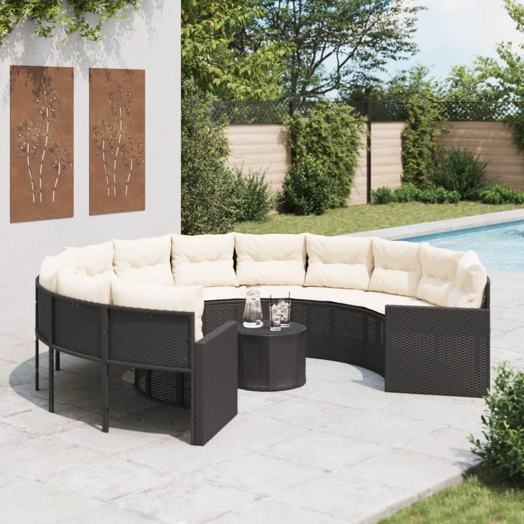 Havesofa med bord og hynder rund polyrattan sort
