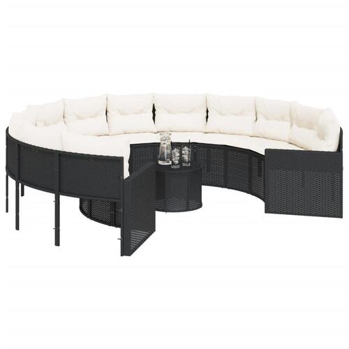 Havesofa med bord og hynder rund polyrattan sort