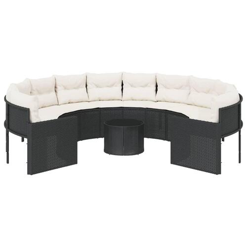 Havesofa med bord og hynder rund polyrattan sort