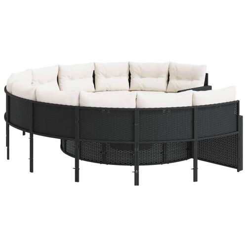 Havesofa med bord og hynder rund polyrattan sort