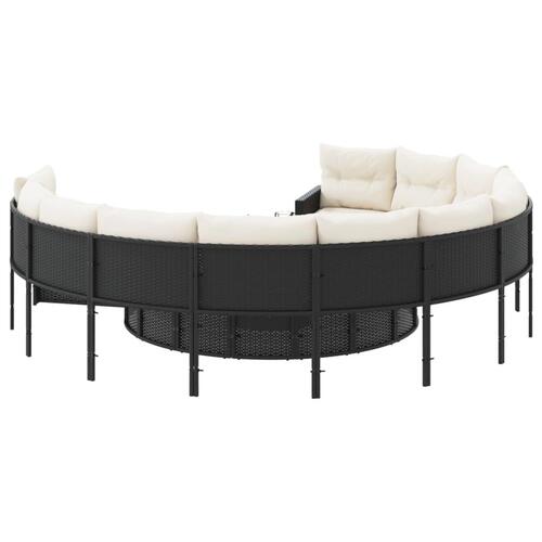 Havesofa med bord og hynder rund polyrattan sort