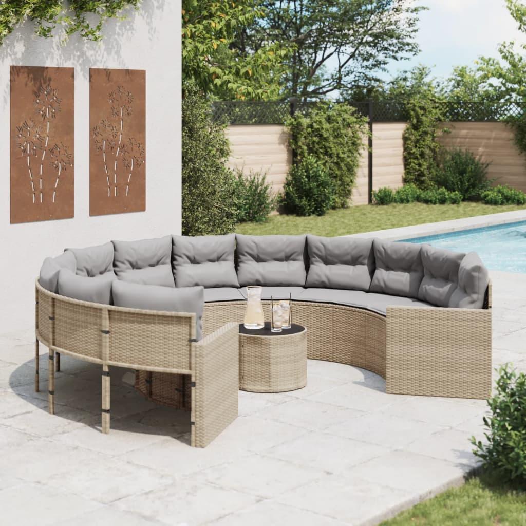 Havesofa med bord og hynder rund polyrattan beige