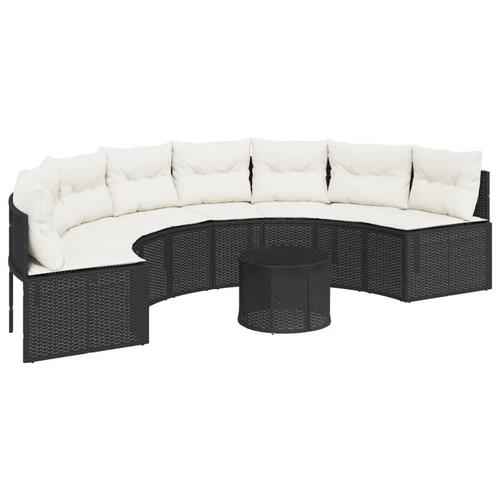 Havesofa med bord og hynder halvrund polyrattan sort