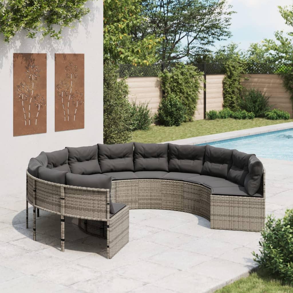 Havesofa med hynder rund polyrattan grå