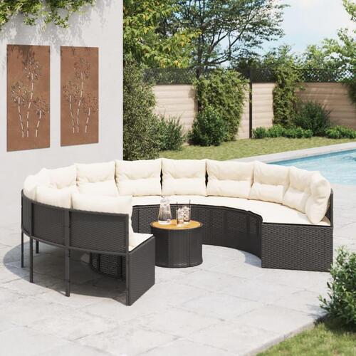 Havesofa med bord og hynder rund polyrattan sort