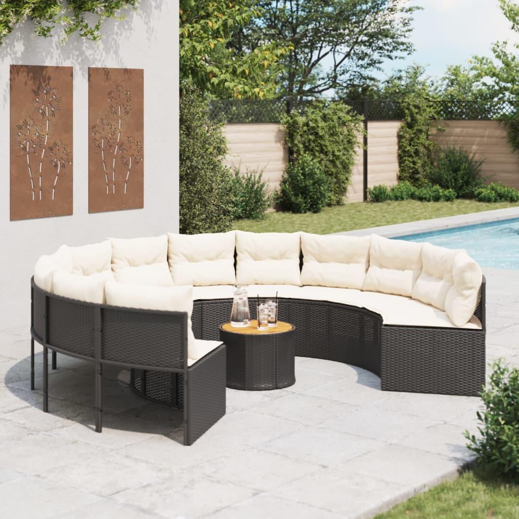 Havesofa med bord og hynder rund polyrattan sort