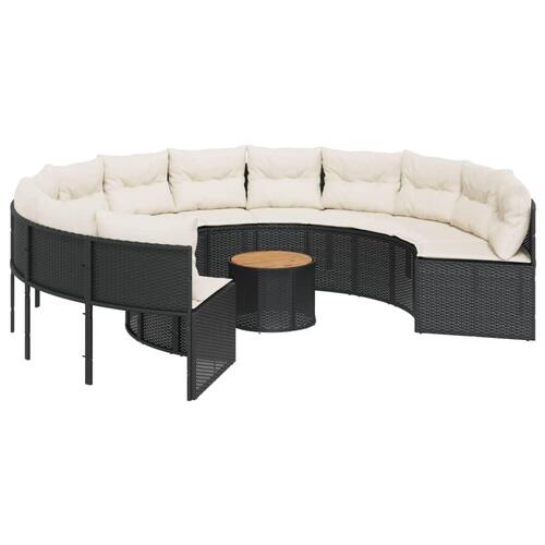 Havesofa med bord og hynder rund polyrattan sort