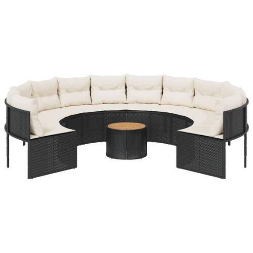 Havesofa med bord og hynder rund polyrattan sort