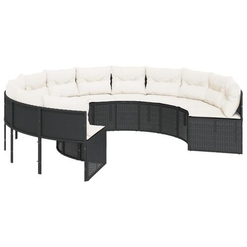 Havesofa med bord og hynder rund polyrattan sort