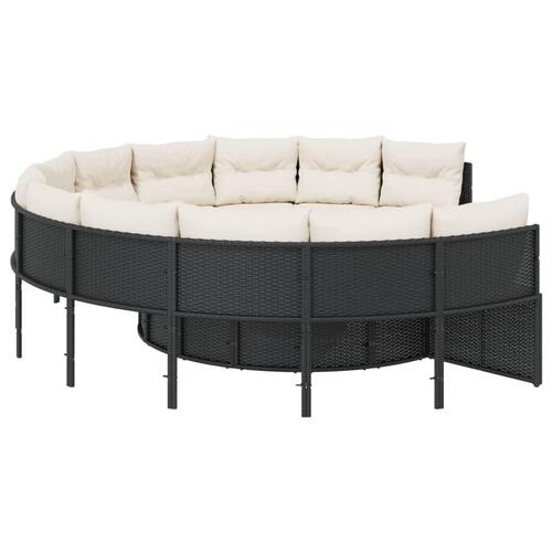 Havesofa med bord og hynder rund polyrattan sort