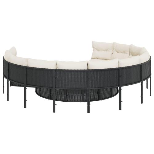 Havesofa med bord og hynder rund polyrattan sort