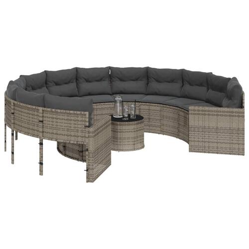Havesofa med bord og hynder rund polyrattan grå