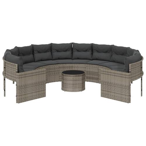 Havesofa med bord og hynder rund polyrattan grå