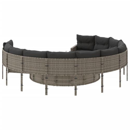 Havesofa med bord og hynder rund polyrattan grå
