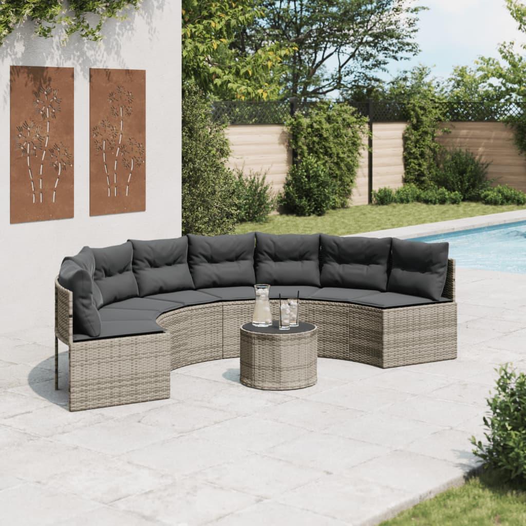 Havesofa med bord og hynder halvrund polyrattan grå
