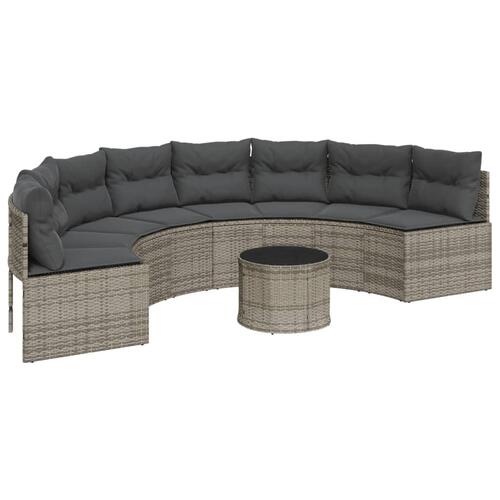 Havesofa med bord og hynder halvrund polyrattan grå