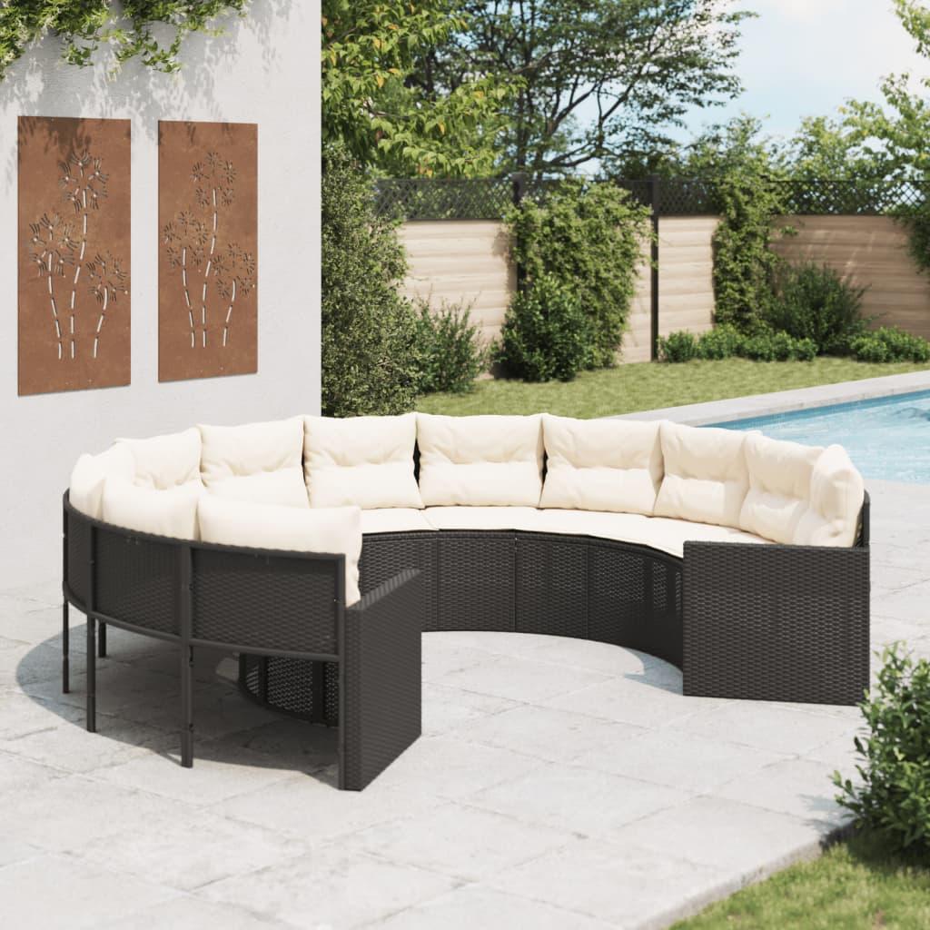 Havesofa med hynder rund polyrattan sort