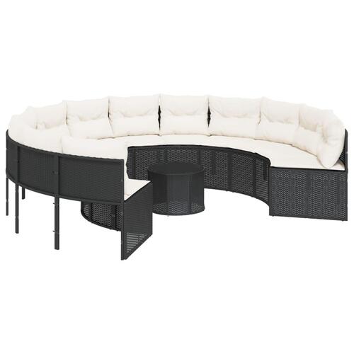 Havesofa med bord og hynder rund polyrattan sort