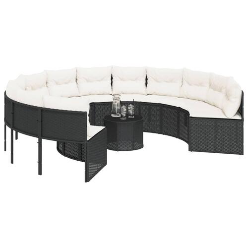 Havesofa med bord og hynder rund polyrattan sort