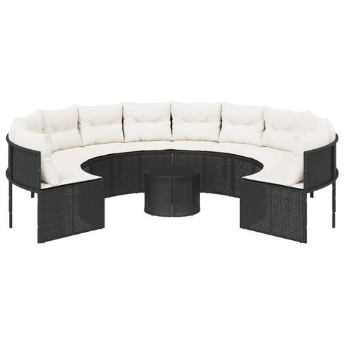 Havesofa med bord og hynder rund polyrattan sort
