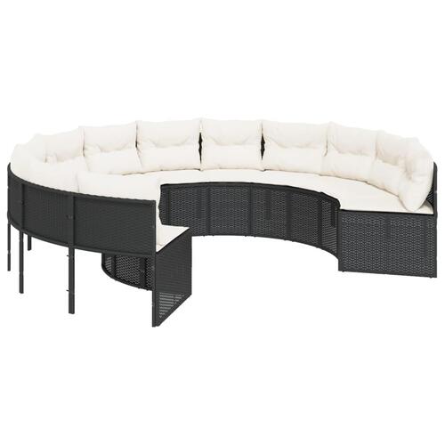 Havesofa med bord og hynder rund polyrattan sort