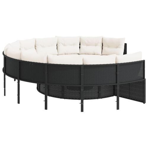 Havesofa med bord og hynder rund polyrattan sort