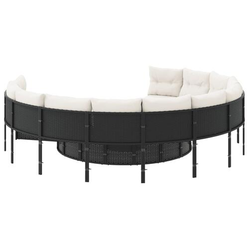 Havesofa med bord og hynder rund polyrattan sort