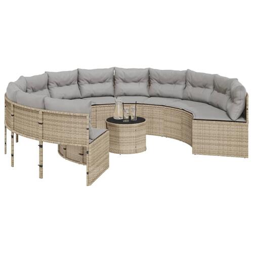 Havesofa med bord og hynder rund polyrattan beige