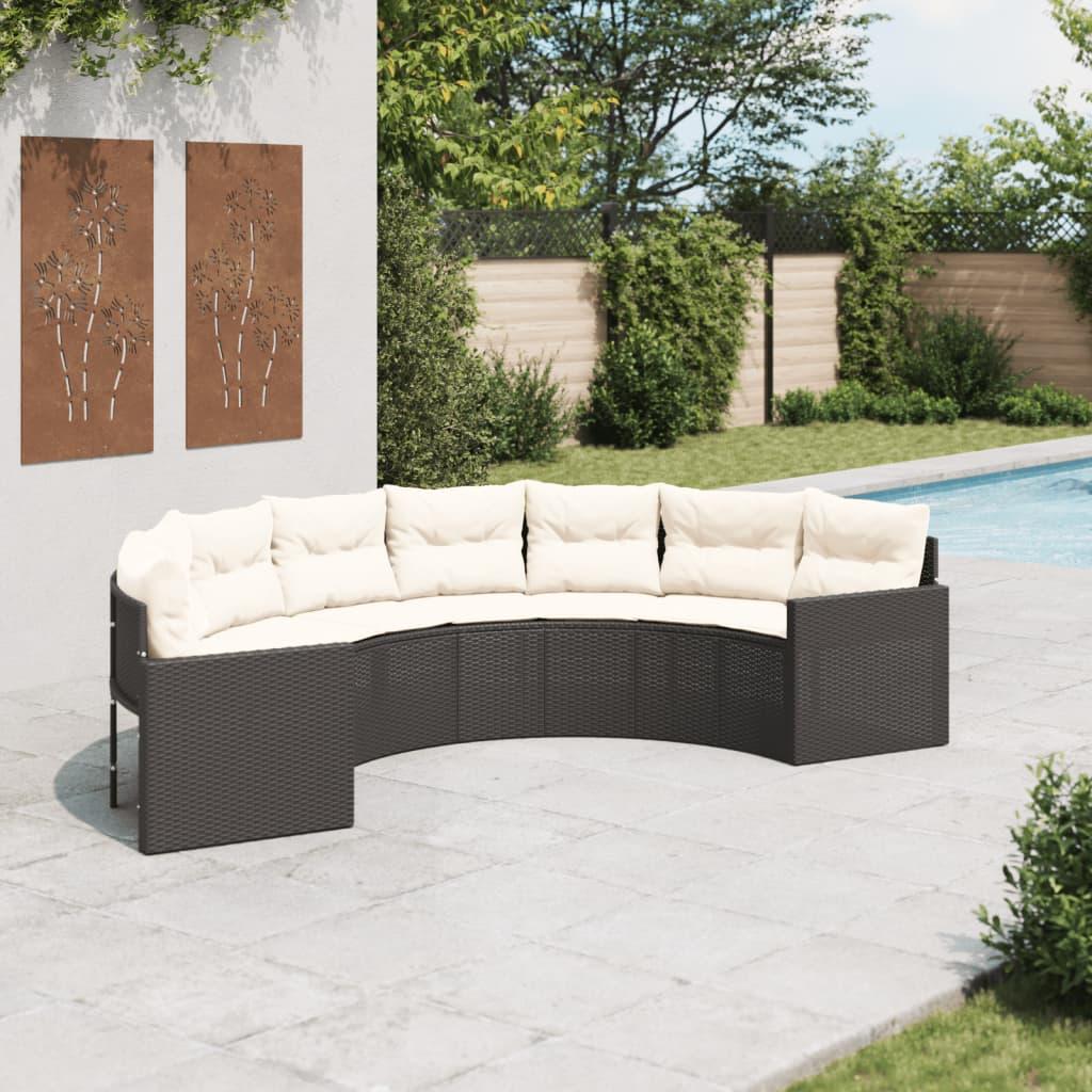 Havesofa med hynder halvrund polyrattan sort