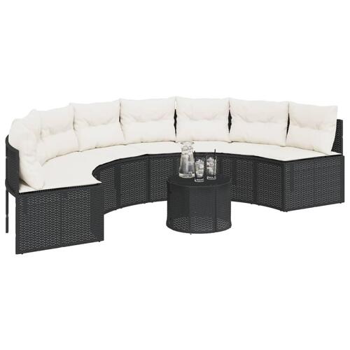 Havesofa med bord og hynder halvrund polyrattan sort