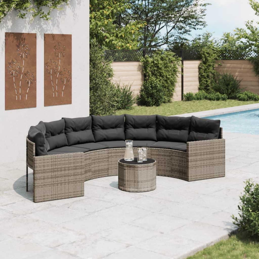 Havesofa med bord og hynder halvrund polyrattan grå