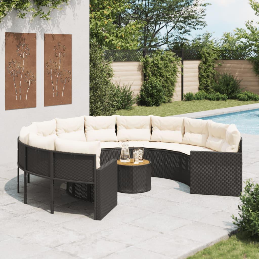 Havesofa med bord og hynder rund polyrattan sort