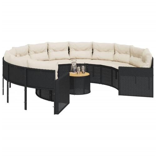Havesofa med bord og hynder rund polyrattan sort