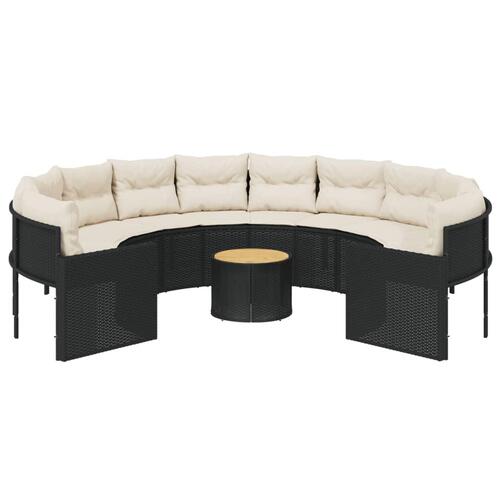 Havesofa med bord og hynder rund polyrattan sort