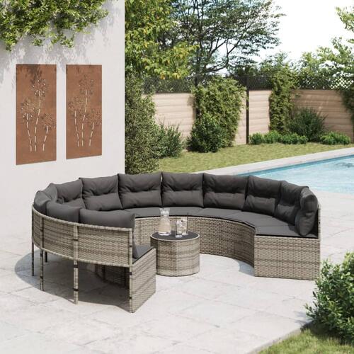 Havesofa med bord og hynder rund polyrattan grå