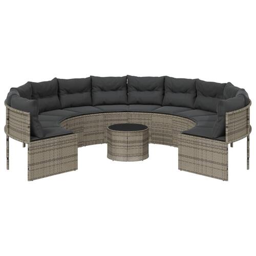 Havesofa med bord og hynder rund polyrattan grå