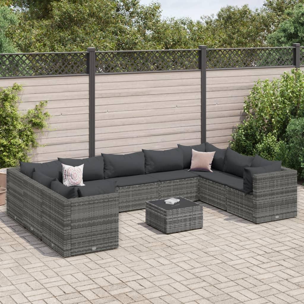 Loungesæt Til Haven 7 Dele Med Hynder Polyrattan - Grå / 4x hjørnedel 5x midterdel bord