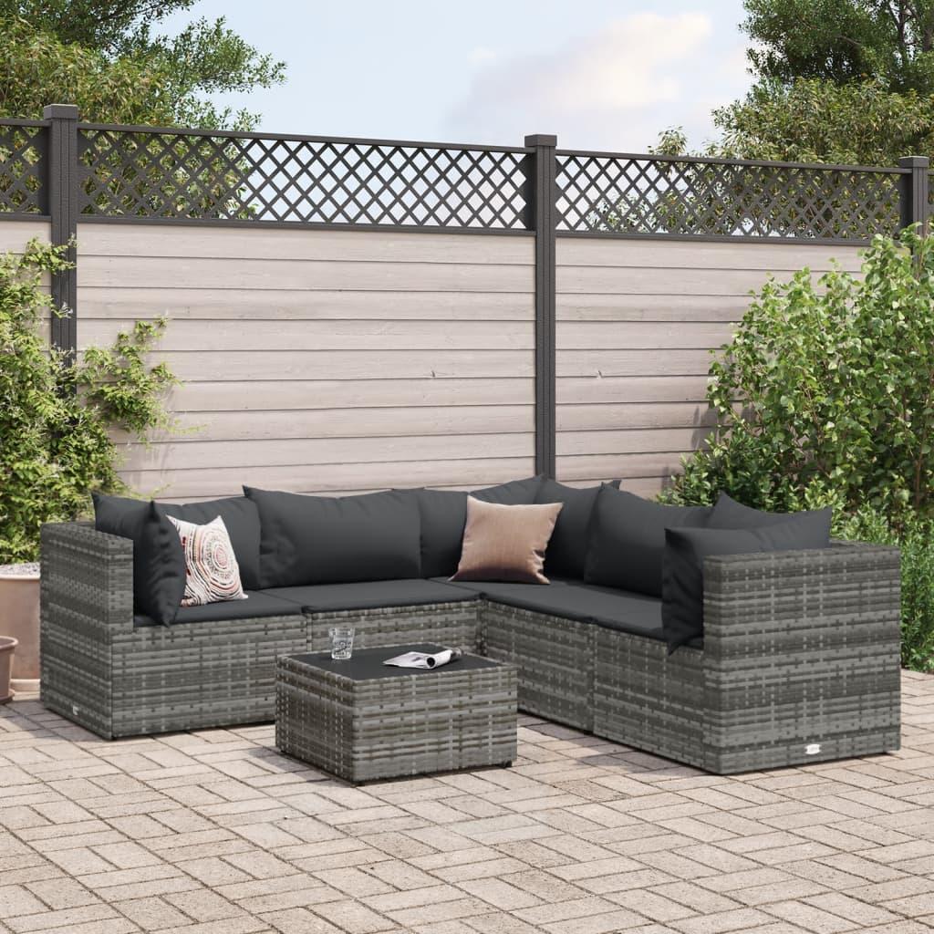 Loungesæt til haven - 6 dele i grå polyrattan med hynder